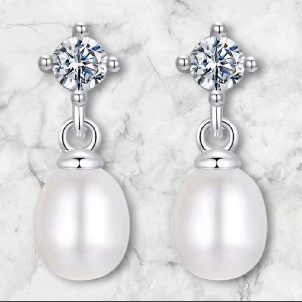 Moissanite Diamond Earrings with Freshwater Pearls Anniversary Birthday Gift - Picture 3 of 12